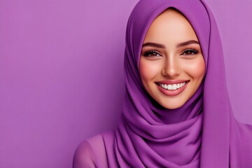 Canvas Print - Beautiful muslim woman smiling and wearing a purple hijab on purple background