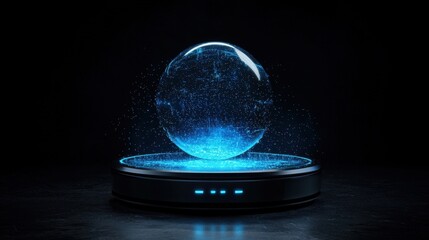 Wall Mural - futuristic holographic globe floating above a circular led platform with glowing effects in a dark b