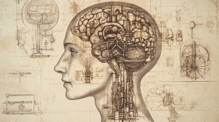 Leinwandbilder - Outline of a human head displaying various mechanisms representing artificial intelligence concepts and innovation in design. Generative AI