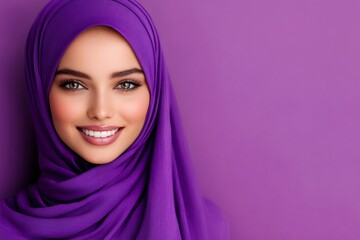 Wall Mural - Studio portrait of smiling young muslim woman wearing purple hijab