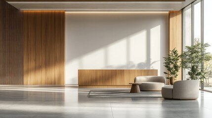 Fototapete - In a contemporary space, an empty white wall awaits customization, adorned with warm wooden elements. Sunlight filters through large windows, illuminating the minimalist decor