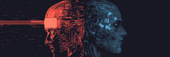 Leinwandbilder - Human head outline merging with a mechanical structure showcasing advanced cybernetic textures and an AI theme. Generative AI