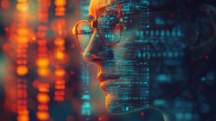 Profile of person merged with digital data streams visible