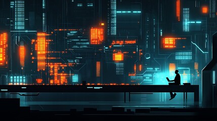 Cyberpunk Cityscape: Coder at Night