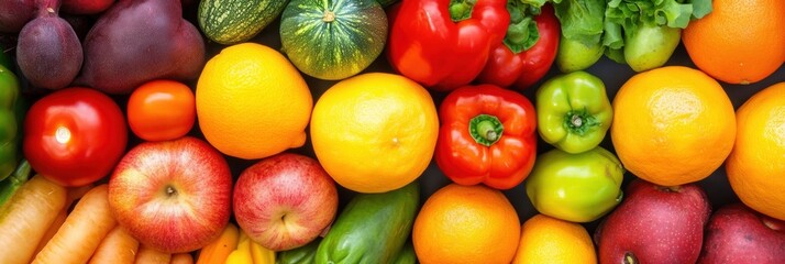 Wall Mural - Freshly harvested fruits and vegetables displayed in vibrant colors at a local market during the afternoon. Generative AI