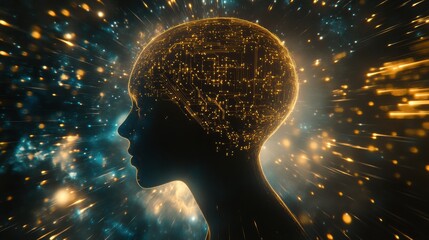 Poster - Silhouette of a human head with glowing quantum circuits representing advanced computing concepts. Generative AI