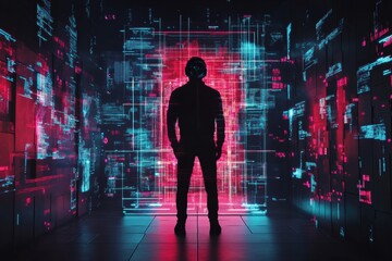 Fototapete - Human silhouette immersed in futuristic AI visualizations surrounded by vibrant data streams. Generative AI