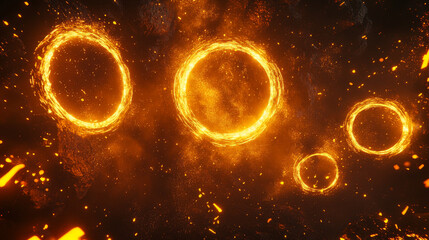 Wall Mural - Fire frames set isolated on transparent background. Vector realistic illustration of circle and rhombus shape orange borders burning with flame, sparkling magic power effect, space portal hole