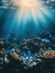 Aufkleber - Underwater coral habitat affected by pollution with plastic waste in dim light rays filtering through water. Generative AI