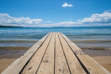 Fototapete - Wooden dock extending into clear blue water on a sunny day filled with scattered clouds. Generative AI