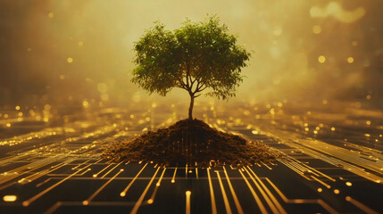Leinwandbilder - Electronic circuit board featuring verdant tree sprouting, symbolizing green tech innovation and eco-friendly digital infrastructure