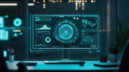 Wall Mural - futuristic data visualization on a transparent computer screen in a modern office environment with d