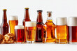 © GHM_STUDIO - Assortment of Beers in Bottles and Glasses with Bread Rolls. Refreshing Drinks, Perfect for Any Occasion!