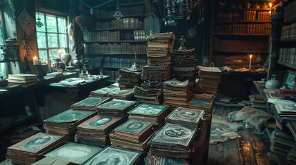 dusty antique books stacked high in a dimly lit, cluttered library.