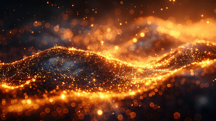 abstract gold particles flowing in wavy patterns against a dark background.