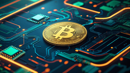 Bitcoin-themed illustration in crypto colors against a dark background, Global finance bitcoin, Bitcoin Cryptocurrency