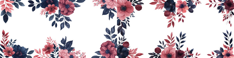 Wall Mural - Elegant floral arrangement with vibrant red and navy blue flowers leaves and stems against a clean white background  Botanical with a modern romantic and feminine aesthetic