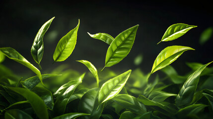 Poster - Verdant tea leaves drifting down across vibrant plantation rows, bathed in golden dawn light