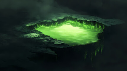 Wall Mural - A glowing green pool of water on a dark surface, creating an otherworldly and surreal atmosphere. Dark Surrealist Reflection Pool. Illustration