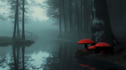 Wall Mural - Enchanted forest: red mushrooms and foggy pond. Dark Surrealist Reflection Pool. Illustration