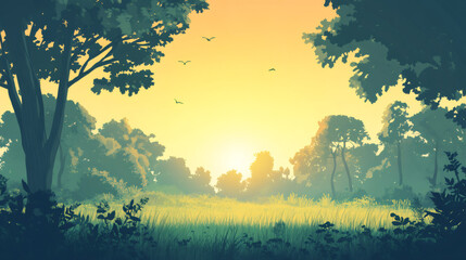 Poster - Warm sunlight illuminating meadow with lush grass and birds flying over at sunrise near silhouettes of trees