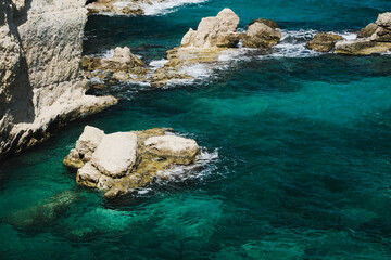 Wonderful sea colors, white cliff and rocks. Torre Sant'Andrea, Salento, Apulia, ITALY