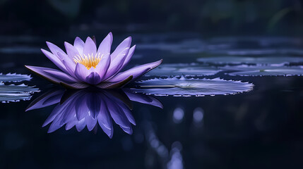 Wall Mural - Magical purple water lily blossom in dark pond. Dark Surrealist Reflection Pool. Illustration