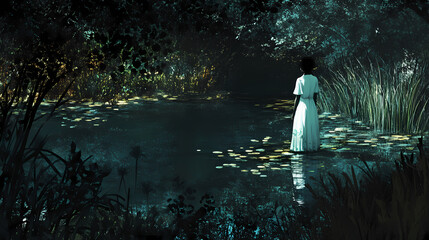 Wall Mural - Mysterious beauty by the pond. Dark Surrealist Reflection Pool. Illustration