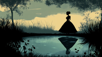 Wall Mural - Silhouette of a woman in a black dress by a pond. Dark Surrealist Reflection Pool. Illustration