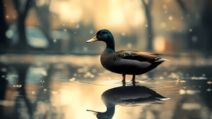 Wall Mural - Surreal black duck walking nature canal - dreamlike wildlife photography. Dark Surrealist Reflection Pool. Illustration