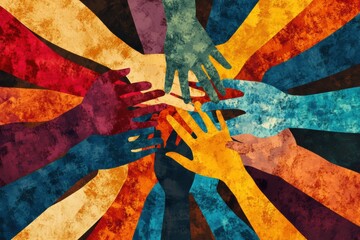 Aufkleber - Symbolic illustration of united hands in diverse skin tones representing support and connection among communities globally. Generative AI