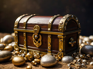 Unveiling Treasures: A meticulously crafted wooden chest, adorned with antique brass embellishments, sits amidst a glittering array of gold and silver coins.