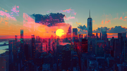 Poster - Stylized sunset view of new york city skyline illustration. generative ai image. Nightmarish Shapeshifting Figure. Illustration