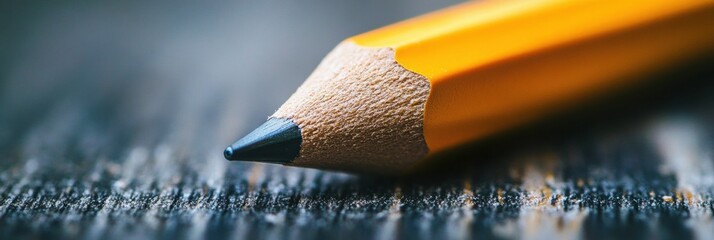 Aufkleber - Close up view of sharpened yellow pencil resting on dark wooden surface with fine details and textures. Generative AI