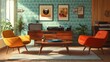 © HuynhThiThuy - A stylish mid-century modern living room with bold geometric wallpaper, a sleek wooden coffee table, vibrant orange and teal armchairs, and a vintage record player spinning a classic vinyl. Warm,