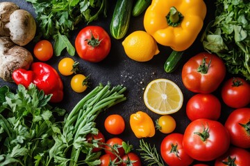 Leinwandbilder - Fresh assortment of colorful vegetables and herbs on a dark countertop at a kitchen table preparing for meal. Generative AI