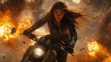 Wall Mural - Action shot with woman on the bike riding away from fire and explosion. Dynamic scene in action movie blockbuster style.