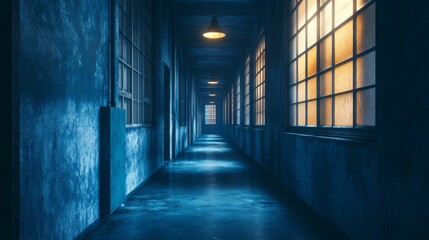 Fototapete - An empty corridor stretches into the distance, illuminated by warm light streaming through tall windows, creating an atmosphere of quiet mystery and anticipation