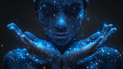 Wall Mural - Digital art portrait of a woman with glowing particles forming her face and hands.