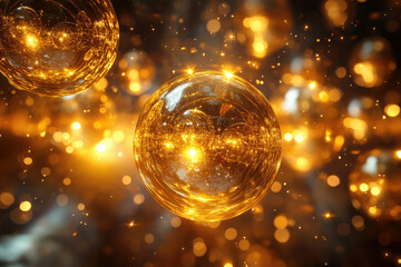 Poster - Two luminous golden spheres glow brightly, surrounded by a shimmering, bokeh-filled backdrop.
