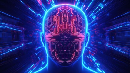 Fototapete - Futuristic design of a human head silhouette with vibrant neon circuit patterns representing advanced technology and AI. Generative AI
