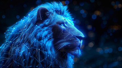Digital lion profile, glowing blue network structure.
