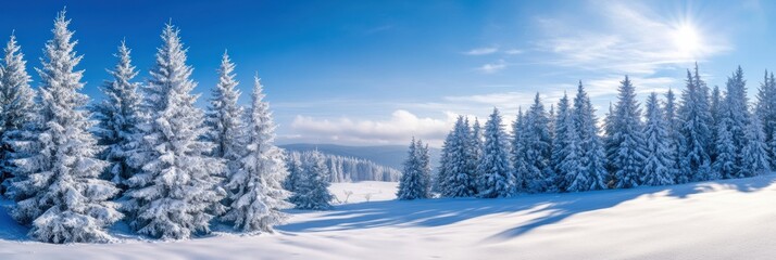 Poster - Snow covered trees create a serene winter landscape in a quiet mountain area during bright daylight. Generative AI