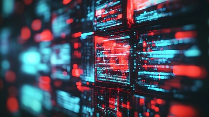 Fototapete - Futuristic digital code matrix with glowing data stream and various tech interfaces  Cyberpunk inspired abstract background with binary code algorithm and information technology concepts