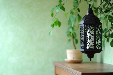 Wall Mural - An ornate black lantern hanging with plant leaves and a surface