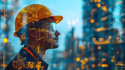 Aufkleber - Futuristic digital depicting a cyborg figure in a luminous neon lit city skyline symbolizing the intersection of intelligence advanced technology