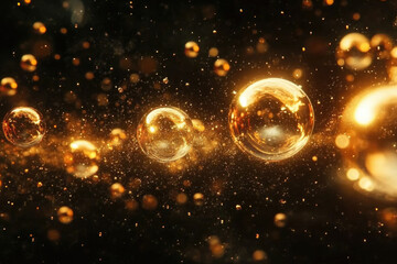 Poster - Glowing golden spheres float in a dark space, surrounded by sparkling dust and bokeh lights.