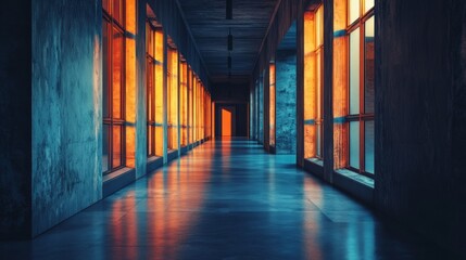 Fototapete - A long, empty corridor stretches ahead, lined with tall windows casting vibrant orange hues against cool blue walls. The atmosphere evokes mystery and anticipation as the day transitions to night