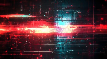 Fototapete - Futuristic glitch digital technology cyber network data connection matrix particle background  Surreal abstract space environment with neon light modern graphic animation and geometric design