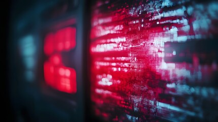 Leinwandbilder - Futuristic glitch digital technology abstract backdrop with red and blue neon lights data stream binary code and digital interface elements